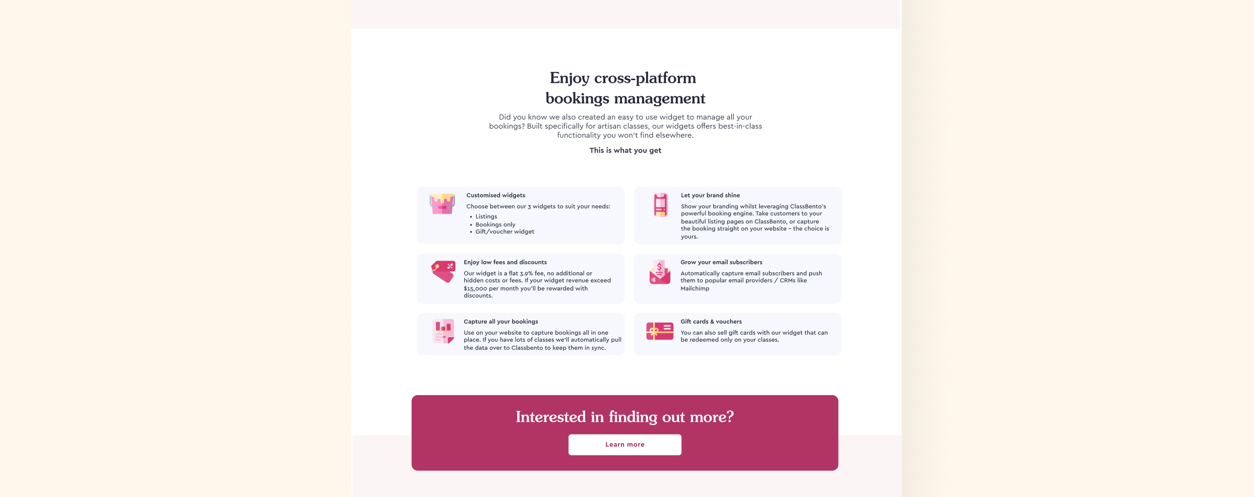 Booking widget feature section highlighting cross-platform bookings management benefits.